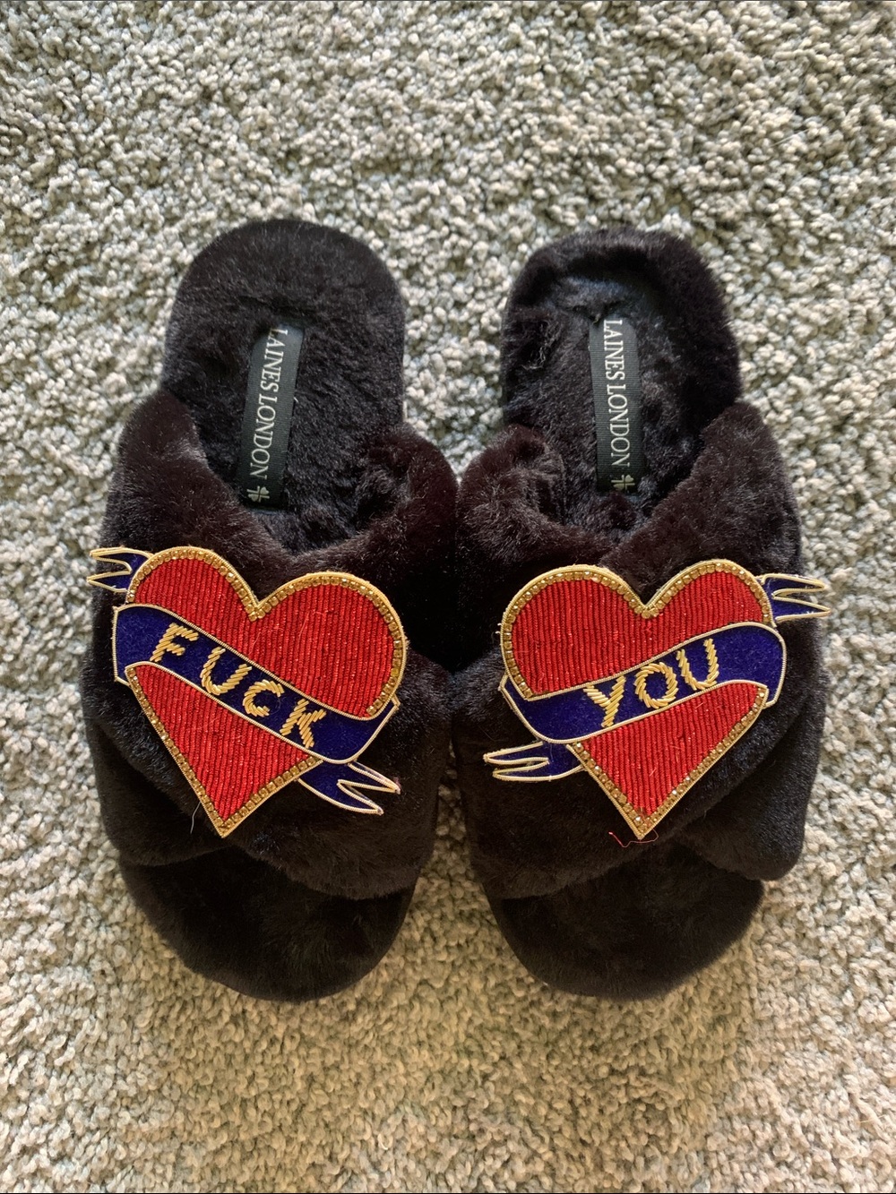LAINES LONDON Black Fuzzy Heart Patch Slippers - Red & Blue Hearts